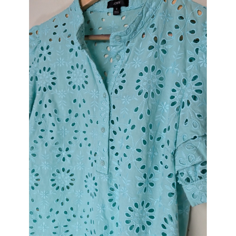 J Crew Floral Eyelet Ruffle Sleeve Popover Top Womens Small Aqua Blue AW539 - Picture 9 of 9